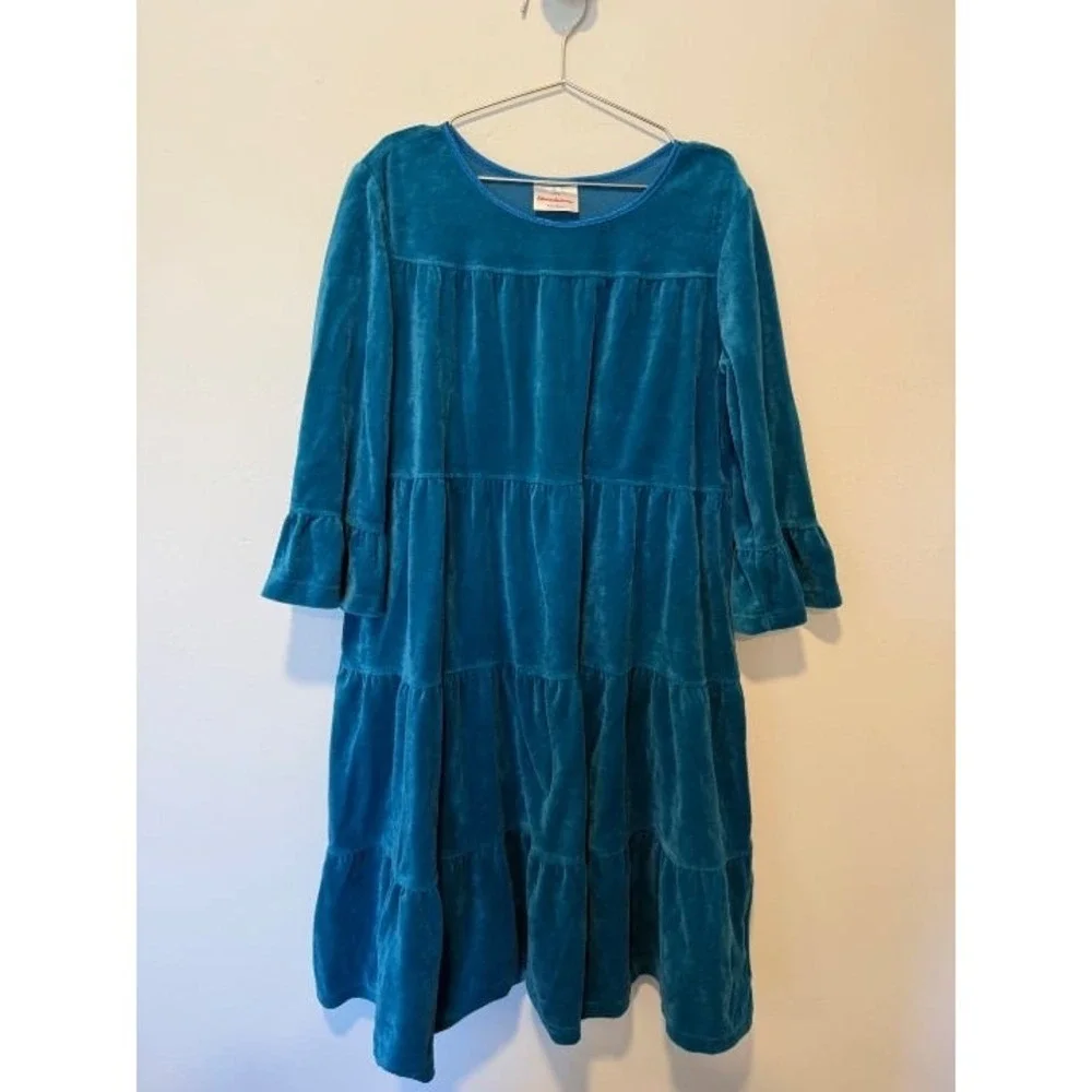 Hanna Andersson Velour Twirl Dress Baltic Blue 150cm 12 EUC